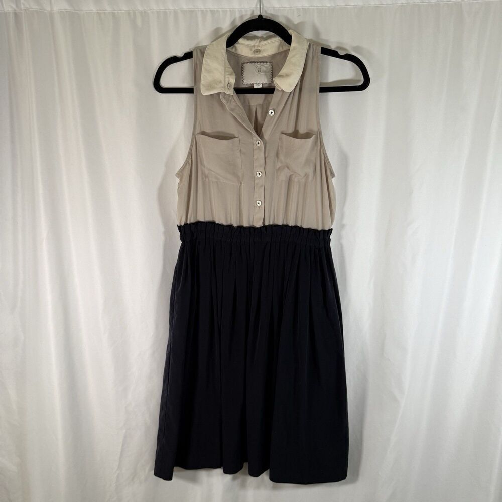 Anthropologie Postmark Dress Women's 6 Beige Blue Sleevless Elastic Waist Knee